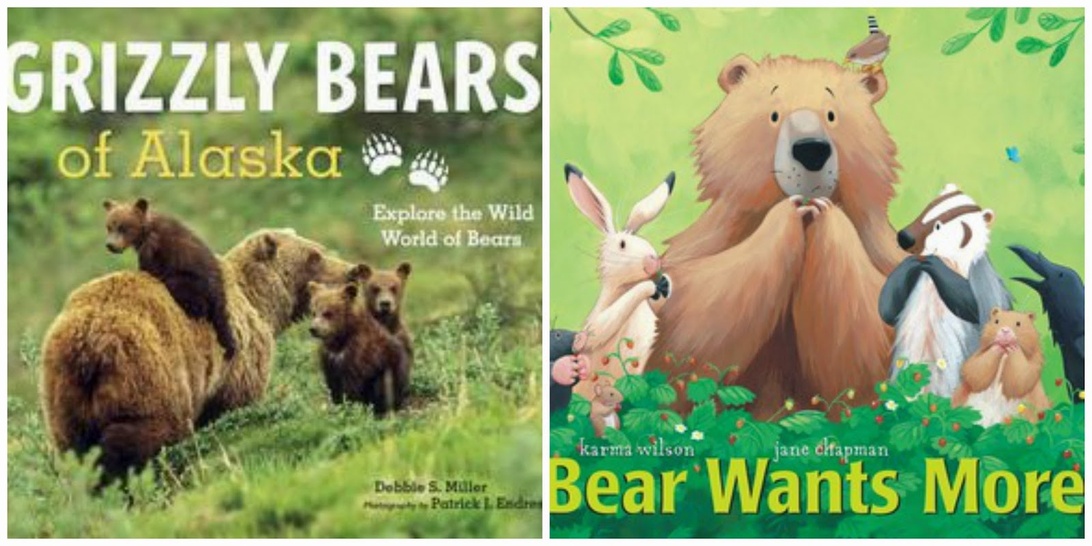 Jämförelse sida vid sida av två bokomslag med björnar. Till vänster 'Grizzly Bears of Alaska', en natur/utbildningsbok med realistiska fotografier. Till höger 'Bear Wants More', en fiktiv barnbok med illustrerade, antropomorfiska björn- och skogsdjurskaraktärer med vänlig, stiliserad design.